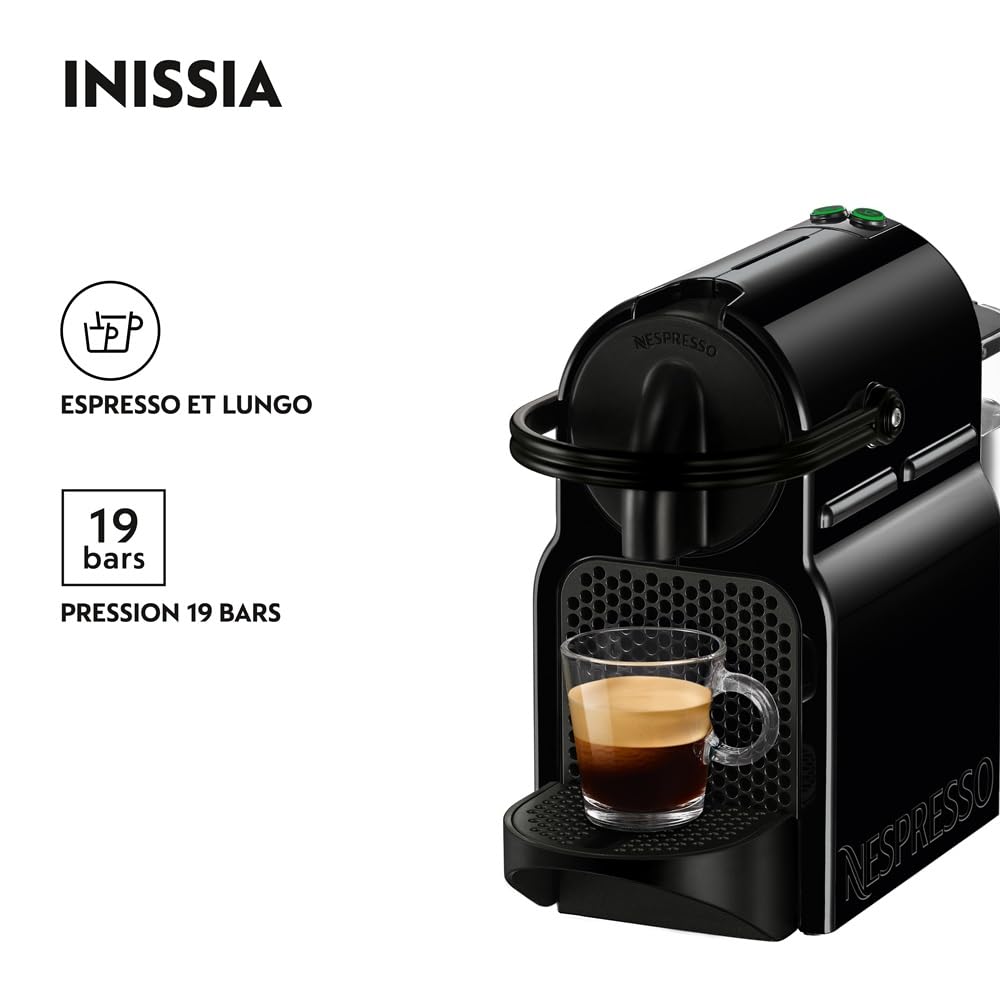 Flowexa Inissia Machine à Café à Capsules – Noire, 19 Bars, Compact, Ensemble de Bienvenue Inclus