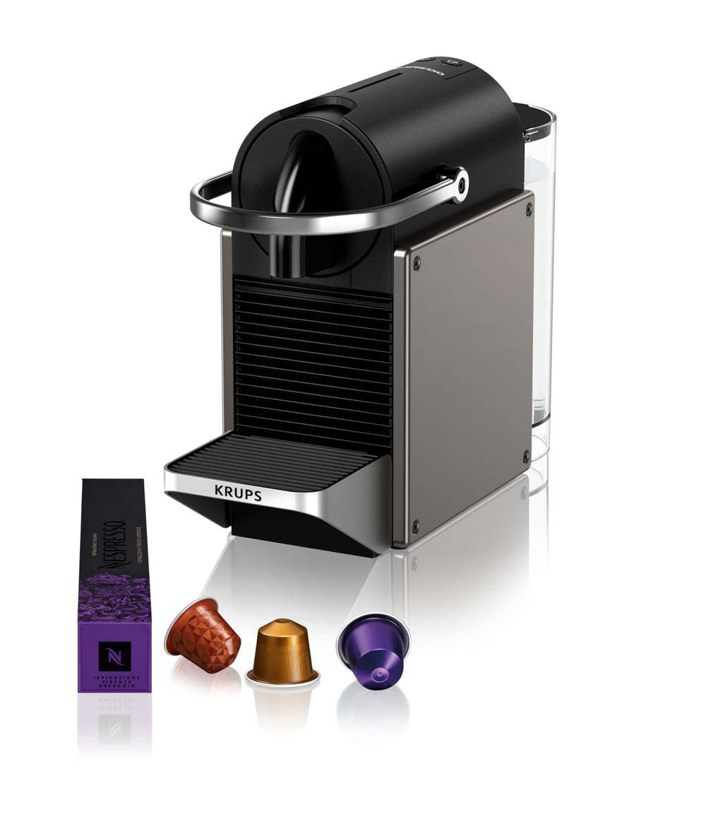 Flowexa Pixie Titane Machine à Café à Capsules – Compacte, 2 Longueurs, Style Industriel